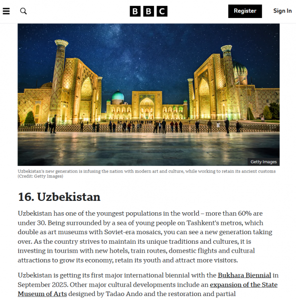 BBC names Uzbekistan among top travel destinations for 2025